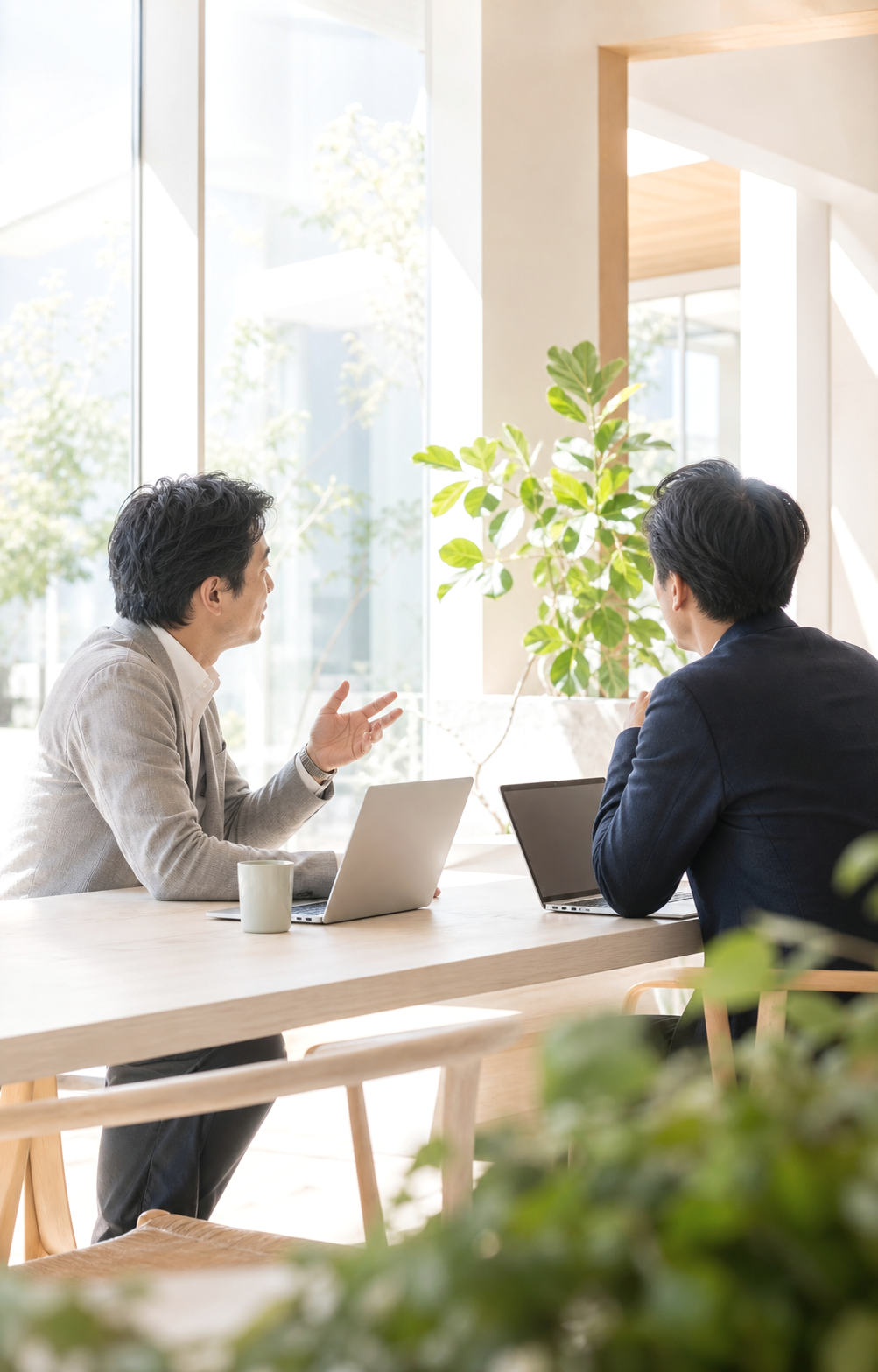 明るい会議室で、経営者がノートPCを開き前向きに議論している様子